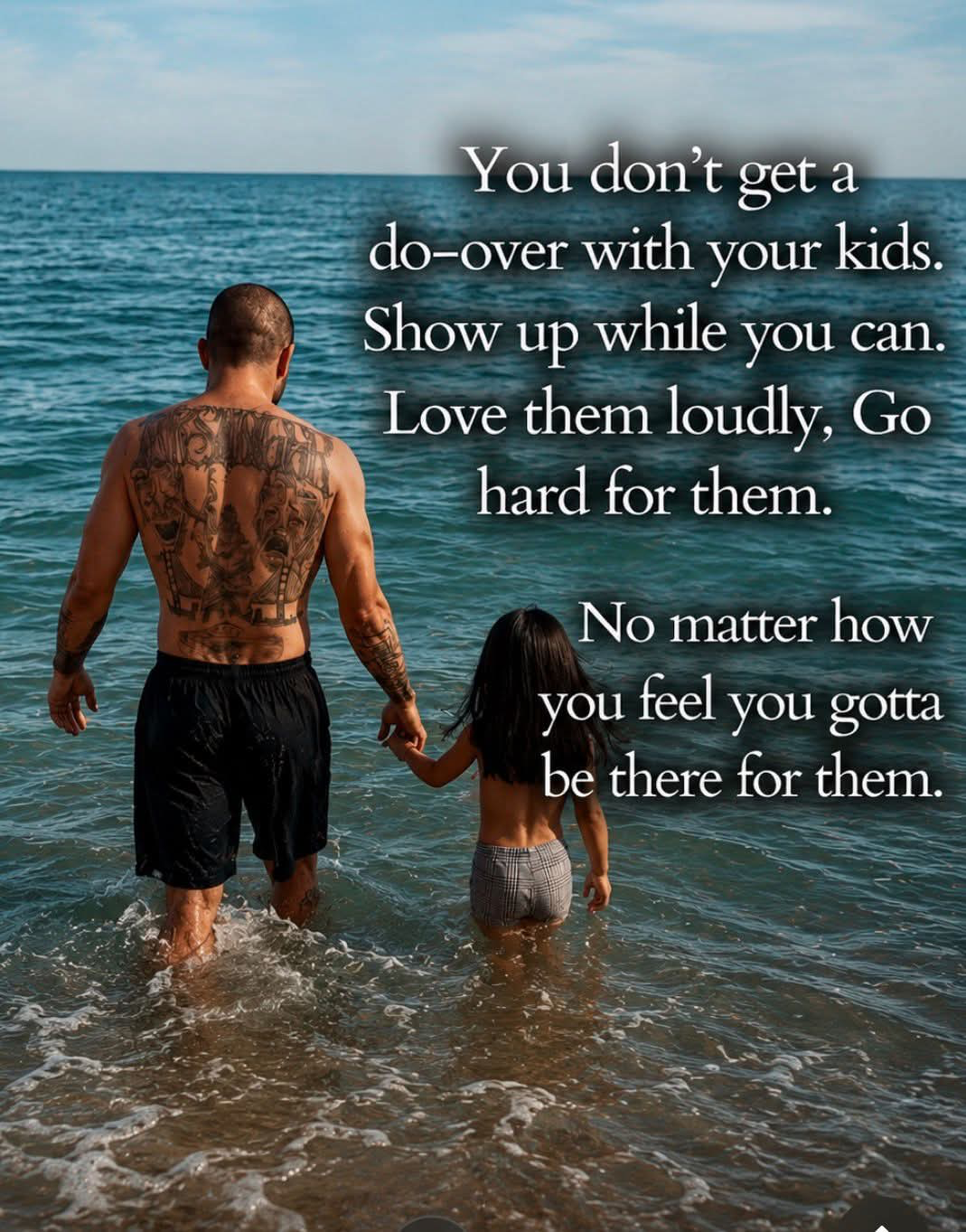 Jerry and his daughter holding hands in the ocean, with a message about showing up for your children